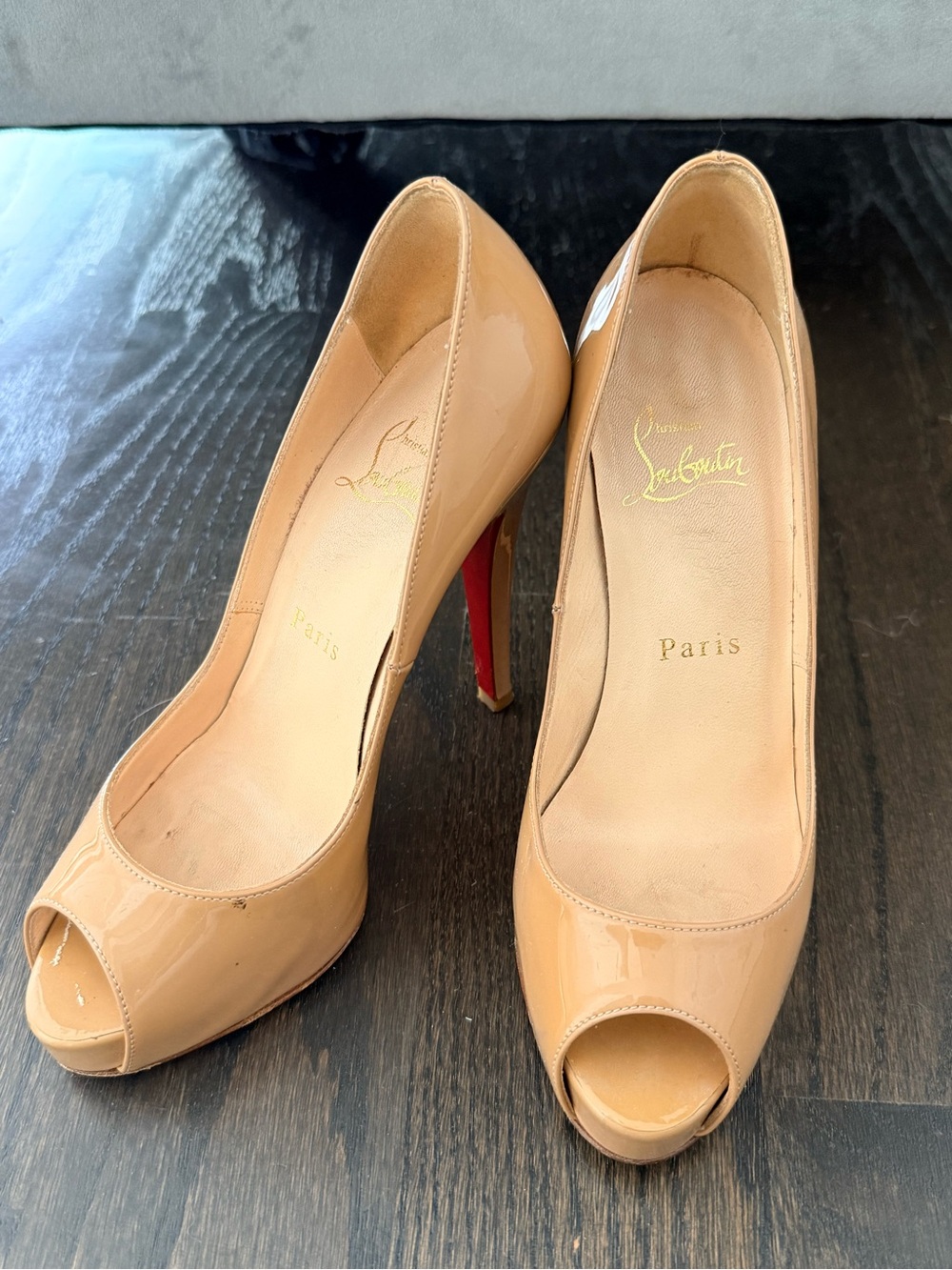 Christian Louboutin Beige Patent Leather Peep-Toe Pumps with Red Sole